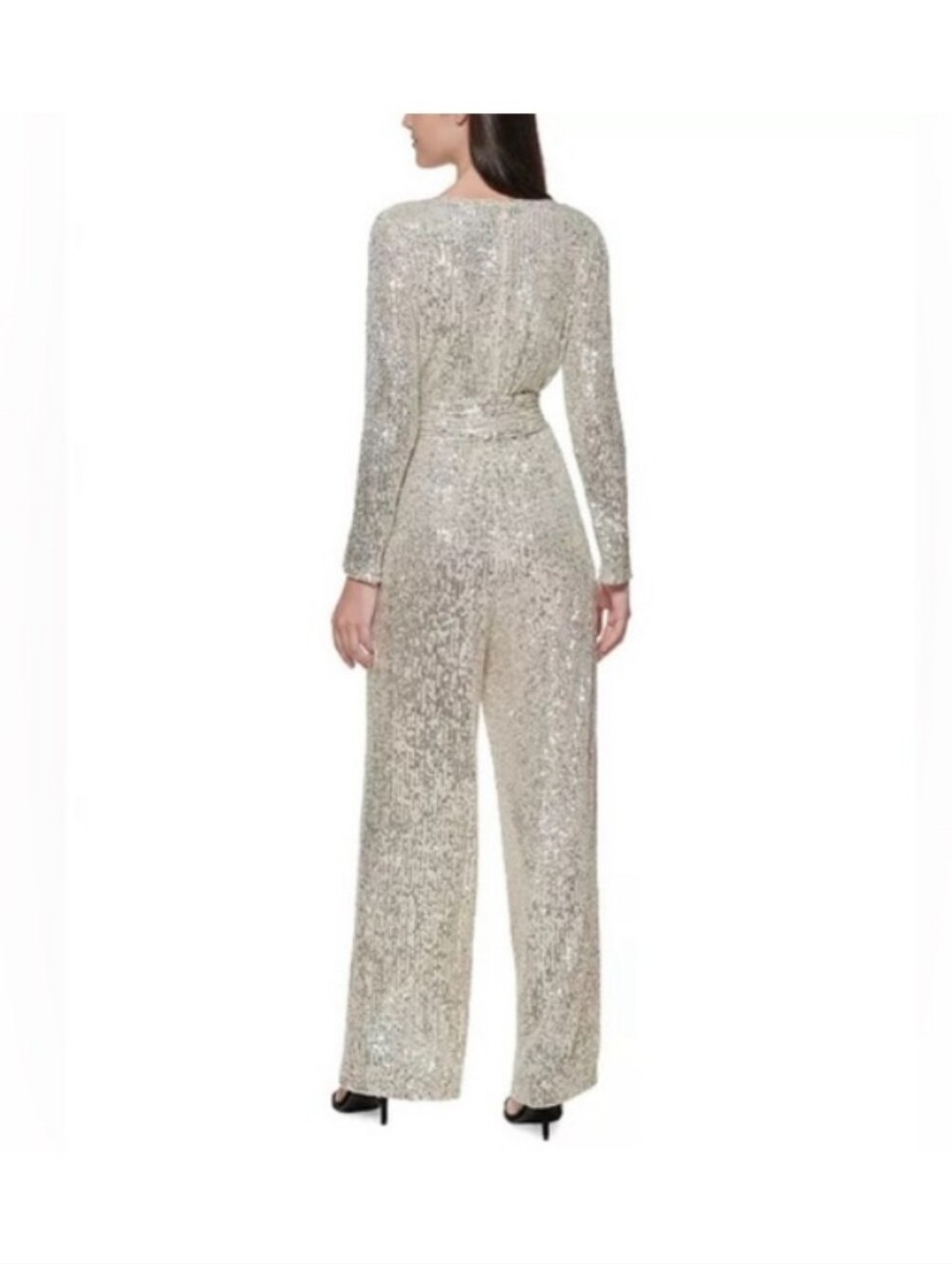 Eliza‎ J Size 12 Champagne Sequin Long Sleeve Wrap Wide Leg Jumpsuit NWT